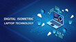 Digital isometric laptop technology and data sever on blue background.