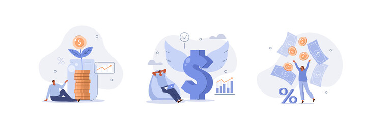 Wall Mural - passive income illustration set. characters enjoying financial freedom and independence. successfull