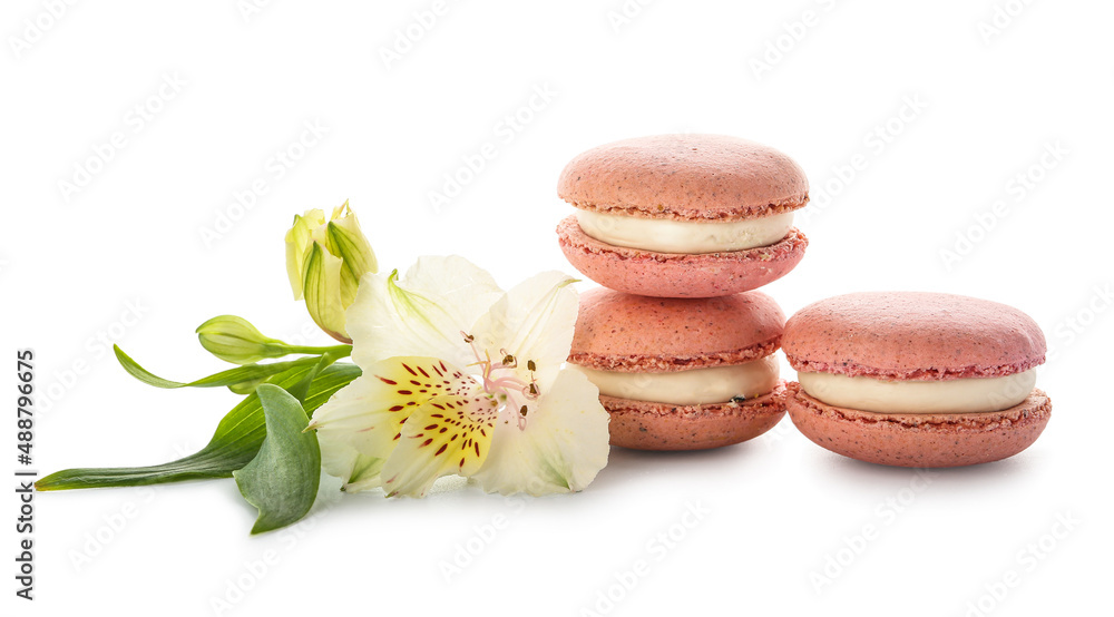 Tasty macaroons and flower on white background