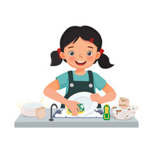 Happy Cute Little Girl Washing Dishes Standing At Sink In The Kitchen Doing Housework Chores At Home