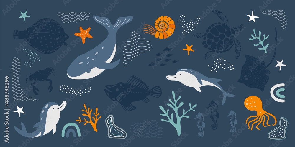Hand drawn vector set with sea creatures. Turtle, stingray, octopus ...