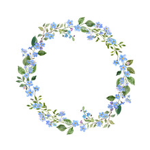 Hand Painted Watercolor Wreath With Forget Me Not Flowers. Blue Floral Frame With Greenery And Leaves On White Background. Wedding Invitation Template In Rustic Style.