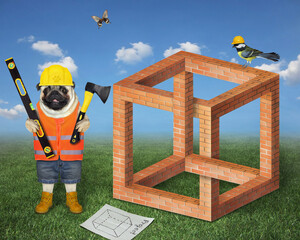 Wall Mural - A dog pug bricklayer in a construction helmet with an axe and a building level is near an impossible brick cube in a meadow.