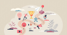 Gamification And Entertainment Game Elements In Learning Process Tiny Person Concept. Interesting And Creative Tool With Challenge Path, Bonus Award And Final Goal To Motivate User Vector Illustration