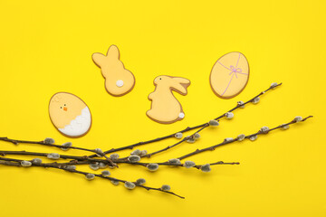 Sticker - Willow branches and Easter cookies on yellow background