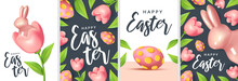 Easter Vertical Cards. Set Of Greeting Posters, Holiday Covers, Flyers Design.Modern Minimal Design With Eggs And  Rabbits For Social Media, Sale, Advertisement, Web.