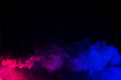 canvas print picture - Panoramic view of the abstract neon fog. Colourful cloudiness, mist or smog moves on black background. Beautiful swirling smoke. Mockup for your logo. Wide angle horizontal wallpaper or web banner.