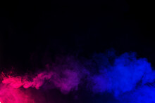 Panoramic View Of The Abstract Neon Fog. Colourful Cloudiness, Mist Or Smog Moves On Black Background. Beautiful Swirling Smoke. Mockup For Your Logo. Wide Angle Horizontal Wallpaper Or Web Banner.