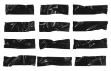 Black Wrinkled Adhesive Tape Of Different Sizes Isolated On White Background. Vector Illustration.