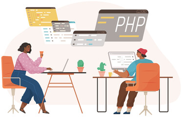 Programmer engineering and coding. Coder programmers working on web development on computer. Concept of script coding and programming in php, javascript, python, other languages. Software developers
