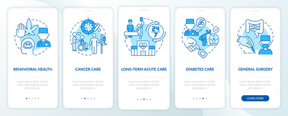 Types of medical services blue onboarding mobile app screen. Patient care walkthrough 5 steps graphic instructions pages with linear concepts. UI, UX, GUI template. Myriad Pro-Bold, Regular fonts used