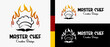 chef hat logo design template, mustache icon and fire icon in creative concept. premium vector logo illustration