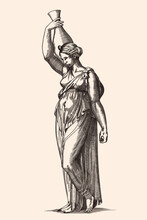 A Young Slender Ancient Greek Woman In Tunic With A Jug In Her Hand