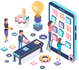 Development of mobile application, program for smartphone concept. People standing near phone with application icons on screen. Programming, software development, apps for electonic devices