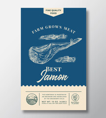 Wall Mural - Farm Grown Meat Abstract Vector Packaging Design or Label. Modern Typography Banner, Hand Drawn Jamon Pork Leg Ham Sketch Silhouette. Color Paper Background Layout Isolated