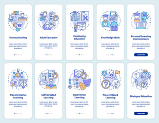 Lifelong learning onboarding mobile app screen set. Context and theories. walkthrough 5 steps graphic instructions pages with linear concepts. UI, UX, GUI template. Myriad Pro-Bold, Regular fonts used