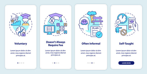 Lifelong learning characteristics onboarding mobile app screen. Walkthrough 4 steps graphic instructions pages with linear concepts. UI, UX, GUI template. Myriad Pro-Bold, Regular fonts used