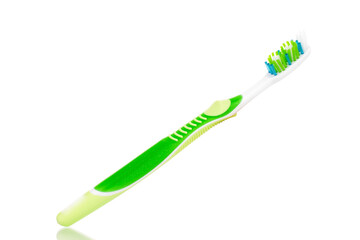 One toothbrush, macro, isolated on a white background.

