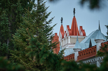 The roof of an old building made of red brick and a triumphal arch. The fir branches in the foreground are out of focus. Stylized towers covered with galvanized sheet.