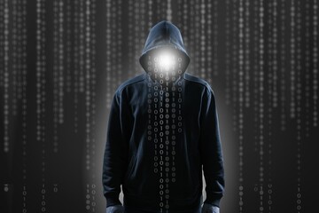 Poster - Computer hacker. Obscured dark face. Data thief, internet fraud, darknet and cyber security concept.