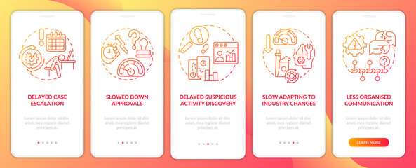 BPA challenges red gradient onboarding mobile app screen. Walkthrough 5 steps graphic instructions pages with linear concepts. UI, UX, GUI template. Myriad Pro-Bold, Regular fonts used