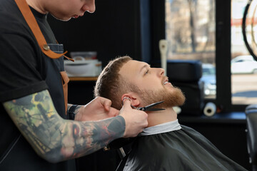 Wall Mural - Professional hairdresser working with bearded client in barbershop