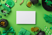 Top View Photo Of St Patricks Day Decor Paper Card Party Glasses Leprechaun Hat Straws Green Bow-tie Giftbox Horseshoe Shamrocks Pots With Gold Coins On Isolated Pastel Green Background With Copyspace