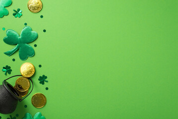 Top view photo of saint patrick's day decorations green clovers pot with gold coins and trefoil shaped confetti on isolated pastel green background with empty space