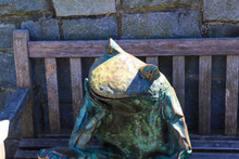 A Green Metal Frog Statue Siting On A Brown Wooden Bench In The Garden In Front Of A Stone Wall At Atlanta Botanical Garden In Atlanta Georgia USA