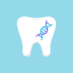 Wall Mural - TTooth with dna dental icon isolated on blue background. Strong healthy tooth with chromosome gene. Vector flat design human dentistry clip art illustration.