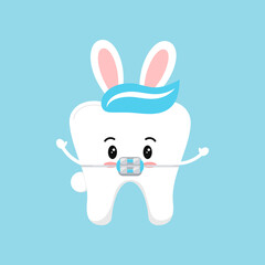 Sticker - Cute easter tooth in braces icon isolated. Orthodontist dentistry tooth character in brackets with easter bunny ears costume. Flat design cartoon vector clip art dental kids illustration.