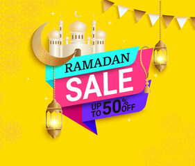 Poster - Ramadan sale bright banner.Discount card,flyer for traditional muslim holiday shopping with golden floral pattern,lamp,mosque,crescent.Islamic greeting,invitation poster,web header.Vector illustration