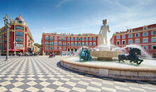 France, Nice, Fountain Of The Sun, Place Massena In Center Of Nice, Plassa Carlou Aubert, Tourism, Sunny Day, Blue Sky, Square Tiles Laid Out In A Checkerboard Pattern, Apollo Statue