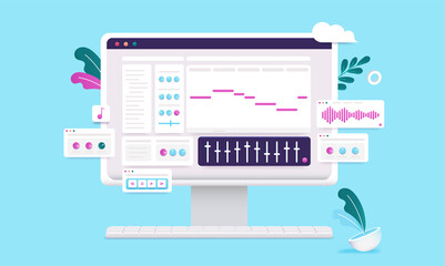 Electronic music production software on desktop computer screen. Vector illustration