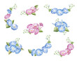 Set of floral frames of blue pink ipomoea morning glory elements. Pink and blue flowers. Bouquet. Watercolor Illustration
