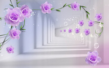 3d Wallpaper Purple Flowers With Green Branches On Purple Tunnel Background 