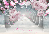 Fototapeta Perspektywa 3d - 3d wallpaper pink jewelry flowers on gray tunnel on sea background 