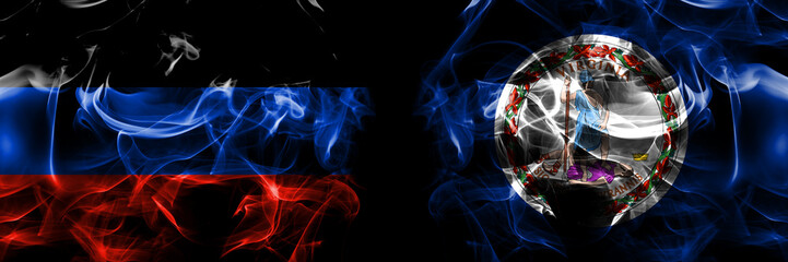 Donetsk People's Republic vs Virginia flag. Smoke flags placed side by side isolated on black background.