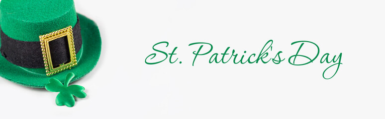 St. Patrick's Day in a leprechaun hat. St. inscription Patrick's Day. Banner. copy space