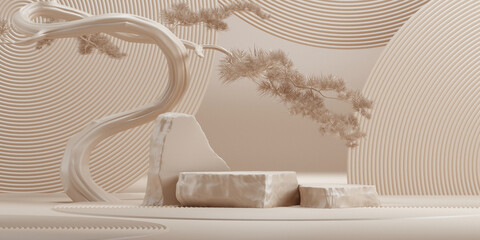 Wall Mural - cosmetic background. japanese style podium and bonsai tree with brown background for product present