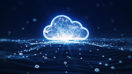 cloud computing technology concept transfer database to cloud. There is a prominent large cloud icon in the center and a small white icon on the connected polygons with a dark blue background.