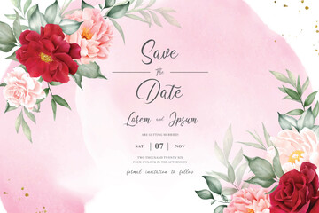 Romantic Watercolor Arrangement Flower Background Design with Maroon Floral and Leaves