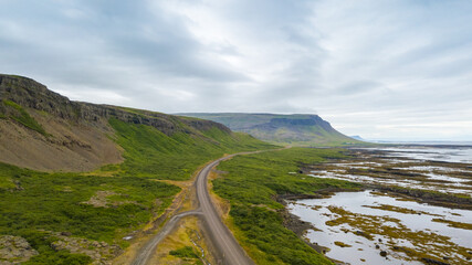 Wall Mural - Summertime Aerial view of landscape on the road in Iceland, west fjords in Iceland