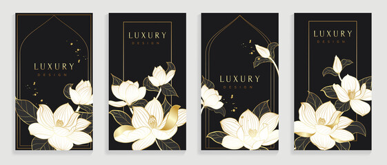 Luxury magnolia hand drawn pattern on cover design template. Dark background with white magnolias and leaves design in gold line art. For social media post, internet, packaging, covers, and prints.