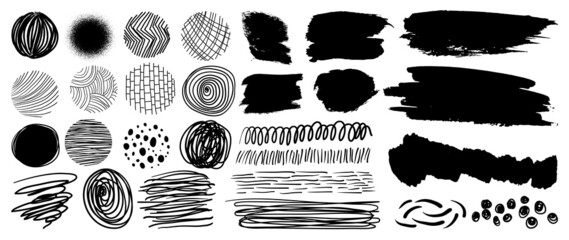 Set of abstract hand drawn patterns and organic line in circle. Elements of watercolor brush, curved and wavy line, scribble and brush stroke. Collection for product design, marketing, ads and decor.