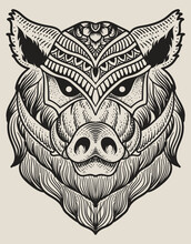 Illustration Wild Boar Head Engraving Style With Mask
