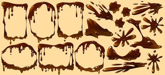 Melt chocolate drips, frames, splashes and sports isolated set. Melted dripping of dark or milk choco sauce, brown cream or syrup borders, liquid cocoa food elements, Cartoon vector illustration