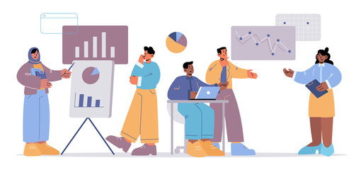 Wall Mural - diverse people team work with analytic data on dashboard with graphs and charts. vector flat illustr