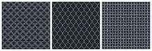 Metal Net Seamless Patterns. Textures Of Iron Grid, Steel Mesh From Weave Wire And Rings For Fence, Chain Armor, Prison Cage. Vector Realistic Illustration Of Metal Lattice On Black Background