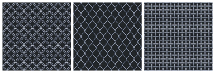 Wall Mural - Metal net seamless patterns. Textures of iron grid, steel mesh from weave wire and rings for fence, chain armor, prison cage. Vector realistic illustration of metal lattice on black background